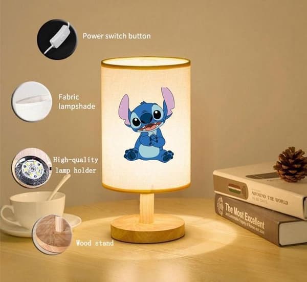 Sänglampa, 3-vägs dimbar, skärm av linnetyg, träfot, liten bordslampa (glödlampa ingår)