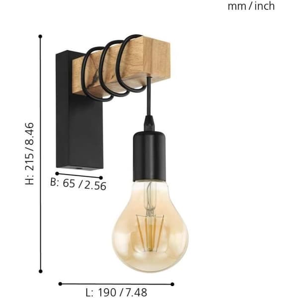 Vintage 1-ljus vägglampa med industriell design, retrolampa i stål och trä, färg: svart, brun, sockel: E27