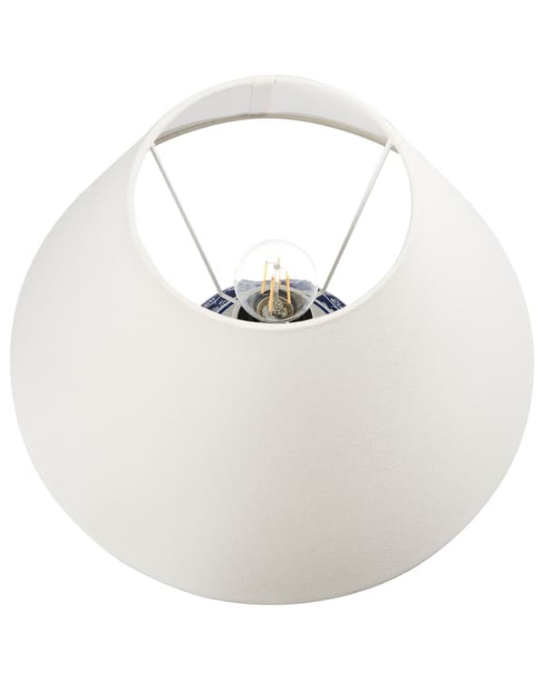 Bordslampa Blå och Vit Porslinsfot Linneskärm Trumformad Blomsterdesign Belysning Sovrum Vardagsrum