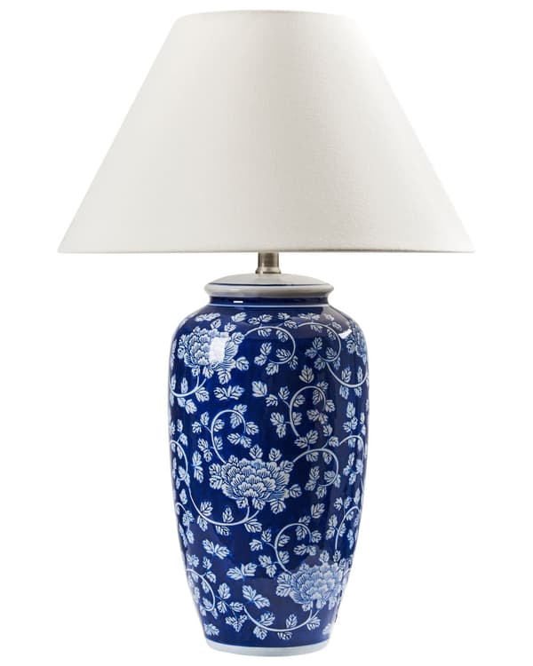 Bordslampa Blå och Vit Porslinsfot Linneskärm Trumformad Blomsterdesign Belysning Sovrum Vardagsrum