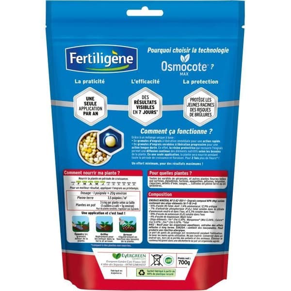 FERTILIGeNE - Långvarigt gödningsmedel Osmocote max Geraniums, Dipladenias, Surfinias 700g
