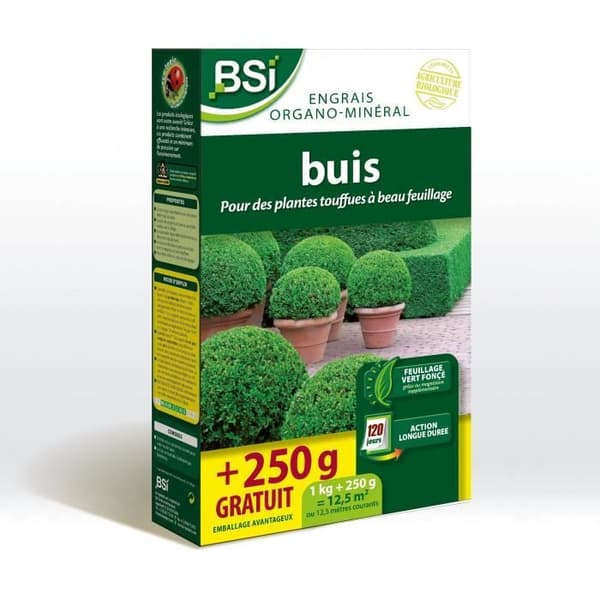 Buksbomsgødning - BSI - Økologisk - Mousserende. mørkegrønne blade - Langvarig effekt - 1 kg + 250 g gratis - Op til 12.5 m²