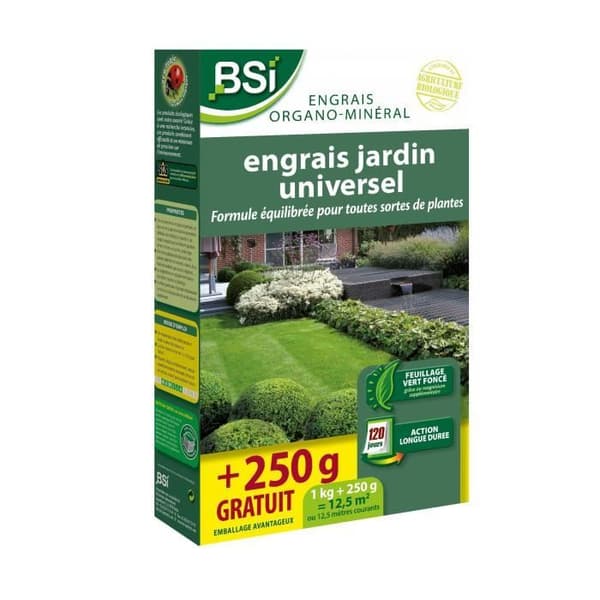 Yleiskäyttöinen orgaaninen lannoite - BSI - Useille kasveille - Nurmikolle, vihannespuutarhaan, kukkiin - Pitkäkestoinen vaikutus - 1 kg + 250 g pakka