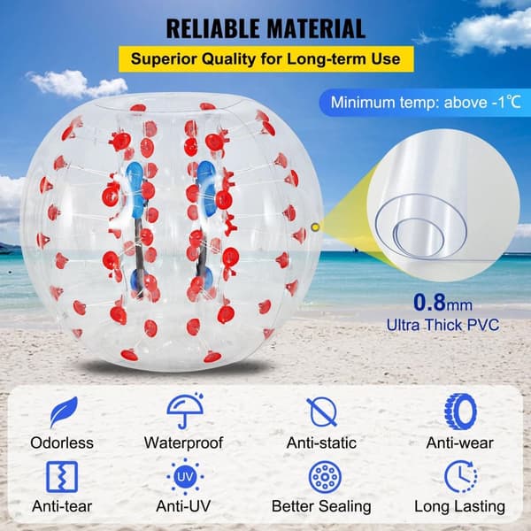 1,2 m diameter bärbar uppblåsbar bumperball, 0,8 mm extra tjockt PVC-material, lätt att blåsa upp/tömma, pålitlig design, lätt att bära