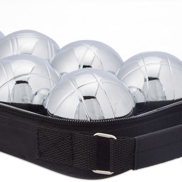 Relaxdays Set med 8 metalboules, med cochonnet och måttband, väska, utomhusspel, silver och svart