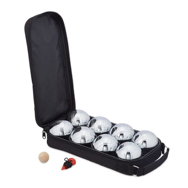Relaxdays Set med 8 metalboules, med cochonnet och måttband, väska, utomhusspel, silver och svart