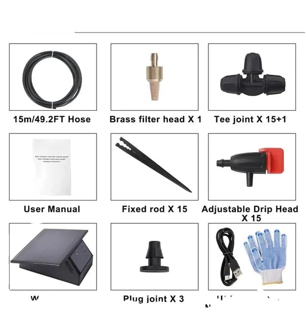 WiFi Solcells Droppbevattningssystem, 10m eller 15m Slang, Fjärrkontroll,Justerbar-slang 15He