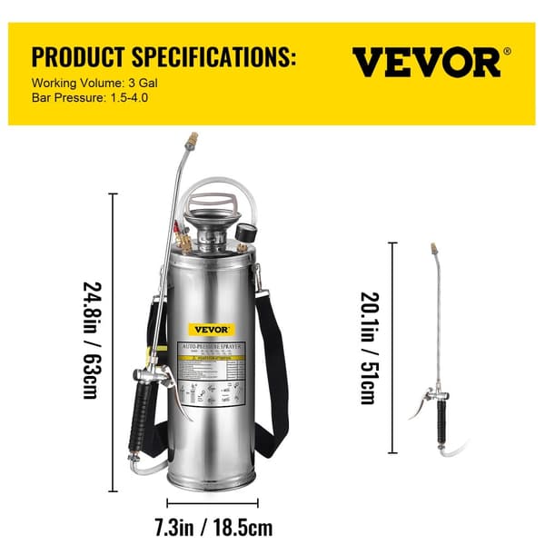 VEVOR Käsikäyttöinen Ruiskutin, 1-3,5 Gallonan Kapasiteetti, Kestävä Ruostumaton Teräs,10L 3Gallon