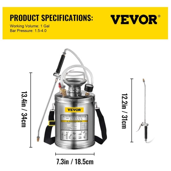 VEVOR Handdriven Spruta, 1-3,5 Gallon Kapacitet, Hållbar Rostfritt Stål,4L 1Gal