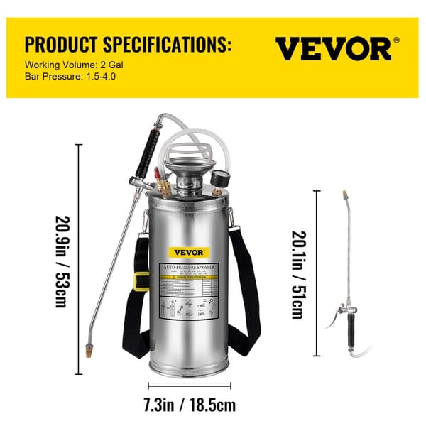 VEVOR Hånddrevet Sprøjte, 1-3,5 Gallon Kapacitet, Holdbart Rustfrit Stål,8L 2Gal