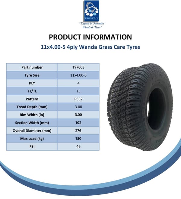 11x4.00-5 Gräsklippare Gräs Däck & slang 4-lagers Wanda P332 Mönster 150 kg (uppsättning av 2)