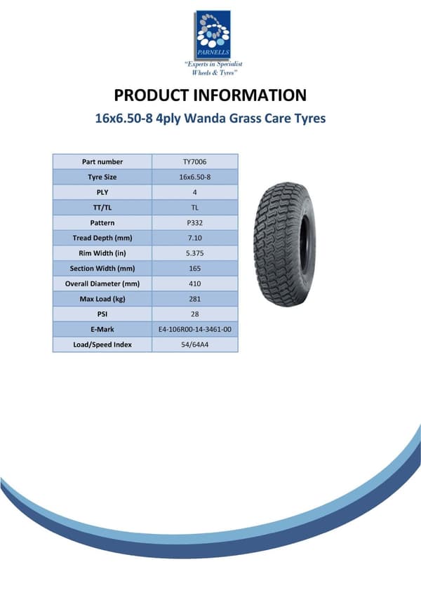 Sats med 16x6.50-8 4pr Wanda P332 Grass-däck TL & 16x6.50-8 TR13-slang