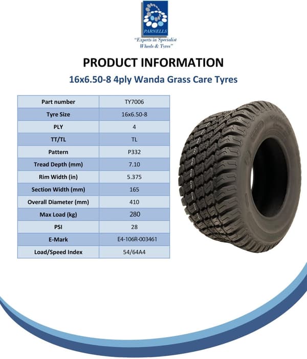 16x6.50-8 plæneklipperdæk, 4ply Multi turf, græs - plæneklipperdæk Wanda P332