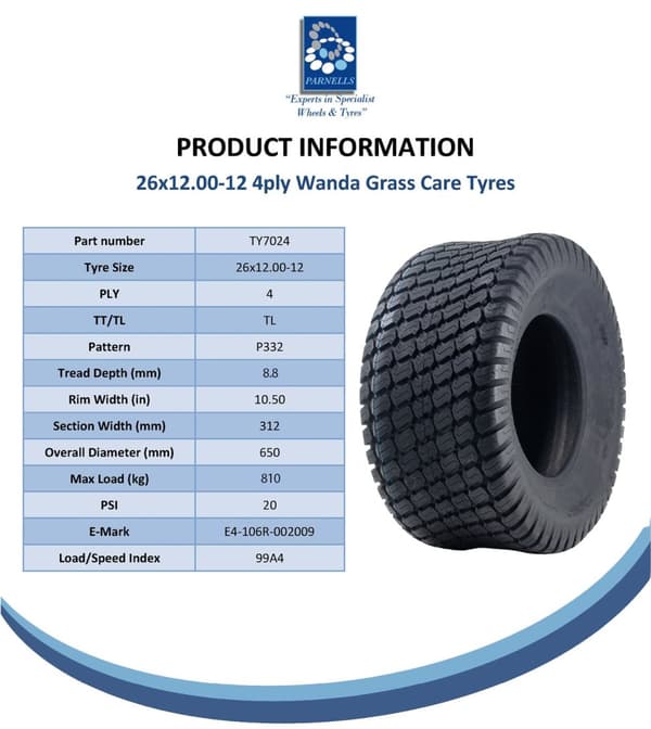 26x12.00-12 ruohonleikkurin rengas 4ply, Multi turf, ruoho - ruohonleikkurin rengas, Wanda P332
