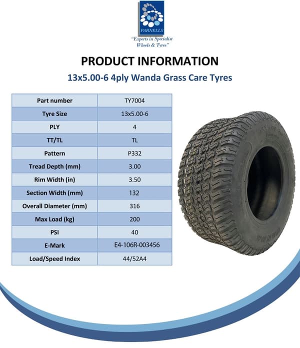13x5.00-6 4pr Wanda P332 Grass-rengas E-merkitty TL-rengas