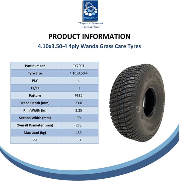 4.10x3.50-4 ruohonleikkurin rengas, 4ply turf, ruoho - nurmikon rengas - Wanda P332 - 4 kpl:n sarja
