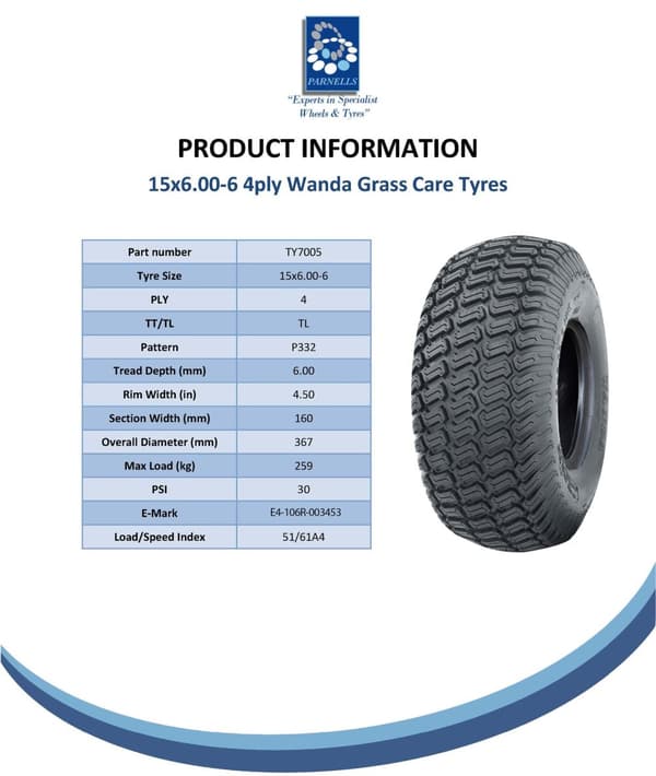 15x6.00-6 Ruohonrenkaat 4ply Turf Ride on Ruohonleikkuri Wanda P332 Tubeless (3 kpl:n sarja)