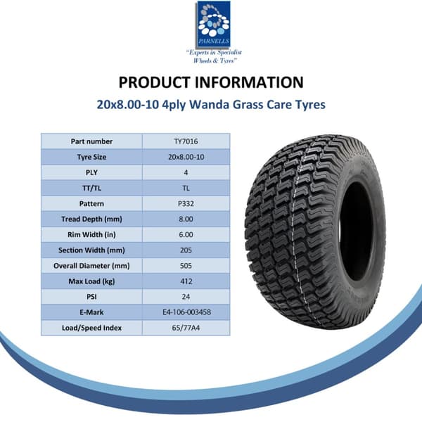 20x8.00-10 Græsdæk til plæneklipper Wanda P332 Turf E-Marked Road Legal (sæt med 2)