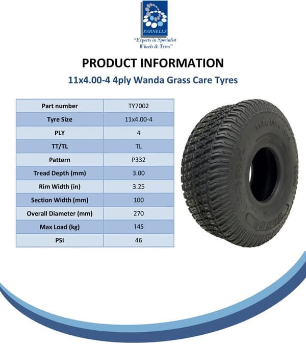 11x4.00-4 Dæk til plæneklipper 4ply Multi Turf Ride on Mower Grass Wanda (sæt med 3)