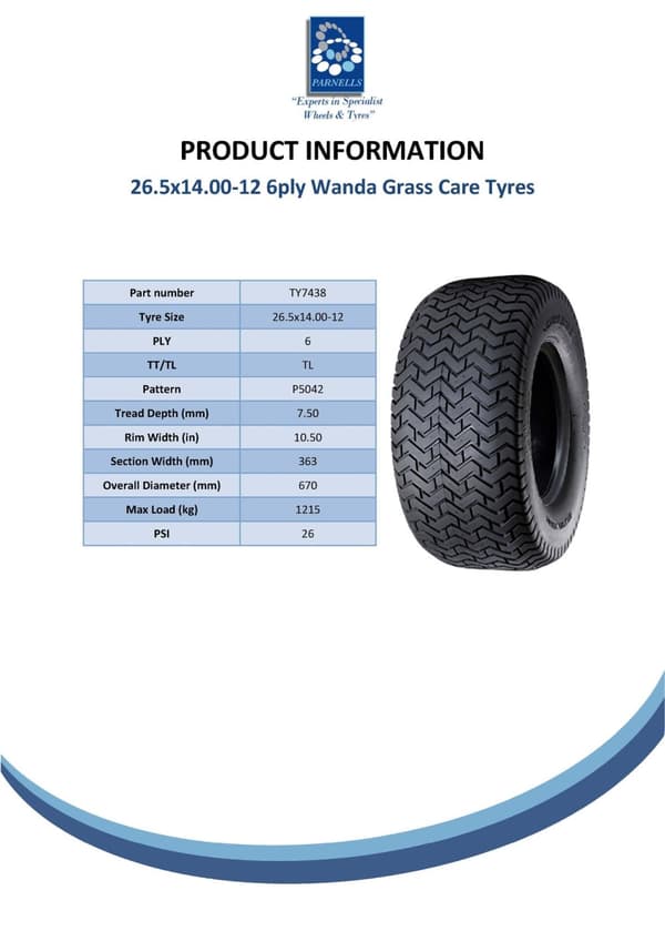26.5x14.00-12 plæneklipperdæk, 6-ply Multi turf, græs - plæneklipperdæk Wanda P50
