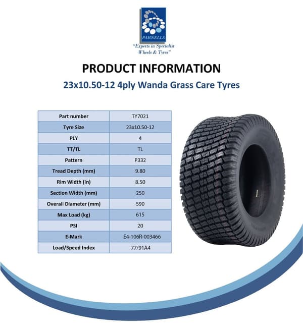 23x10.50-12 Ruohonleikkurin renkaat 4-kerroksiset Grass P332 Wanda Road Legal 615kgs (2 kpl sarja)