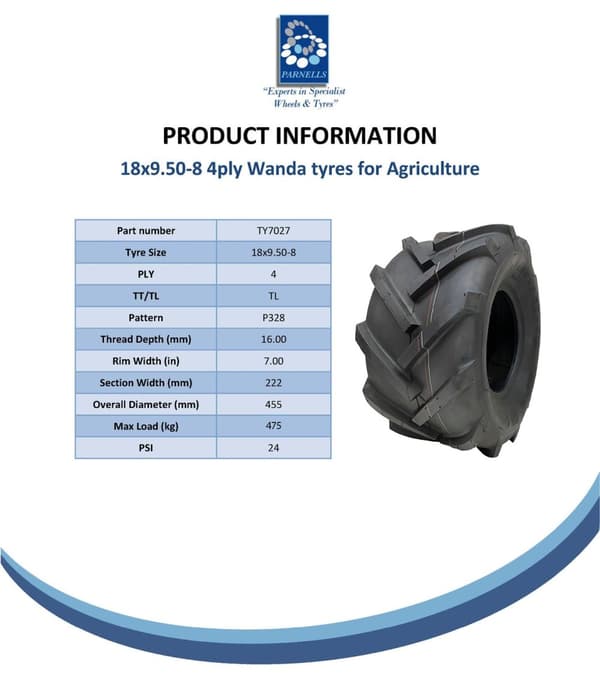 18x9.50-8 Open Centre Däck på fälg Klyvda Rotovator 4 dubbar 100 mm PCD (uppsättning om 4)