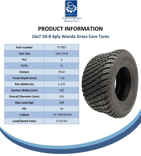 16x7.50-8 Græs Plæneklipperhjul 4ply P332 Dæk Stålfælg 25mm Leje (Sæt med 4)