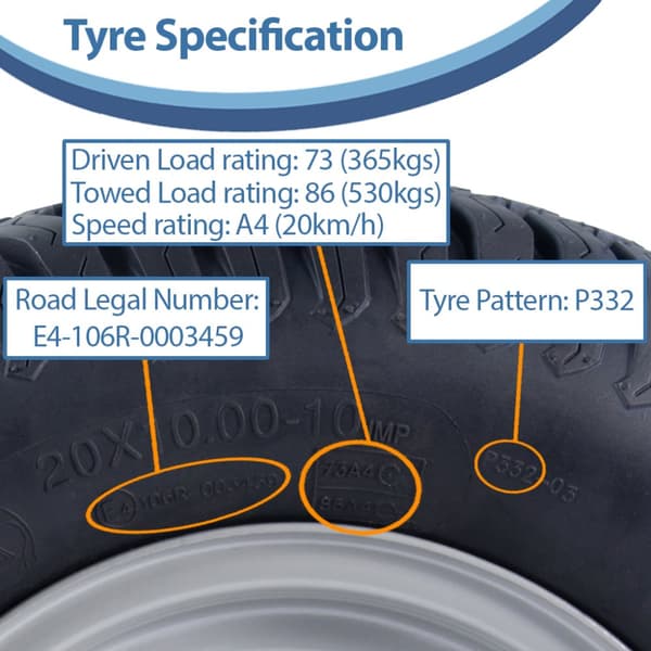20x10.00-10 Plæneklipperhjul 4ply Grass P332 Road Legal 4 Inch PCD-fælg (sæt med 3)