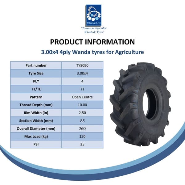 3.00x4 Open Centre Cleated Rotovator Lug Tyre 20mm Roller Bearing Rim (sæt med 3)
