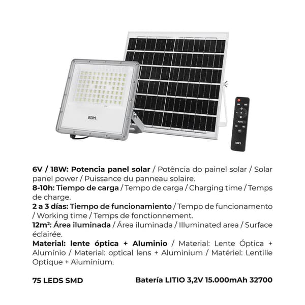 Valonheitin/projektorivalo EDM 31855 200 W 1500 lm Kaukosäädin Aurinkosähköpaneeli (6500 K)