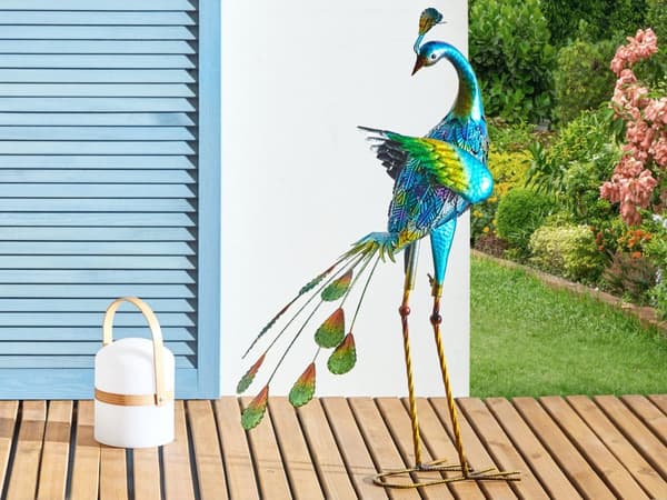Dekorationsfigur Metall Blå 75 cm Accent Stycke Påfågel Inomhus Utomhus Dekoration Vardagsrum