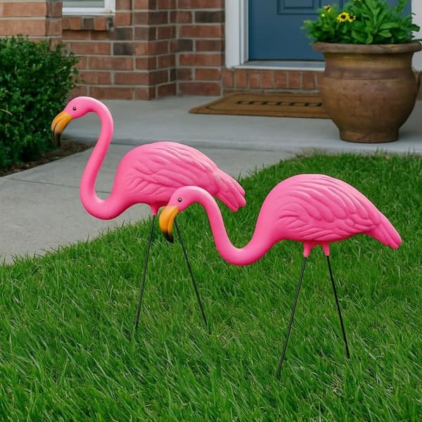 OBOSOE 2-pak lyserøde flamingo havepynt – 60 cm plastikstatuer til udendørs dekoration