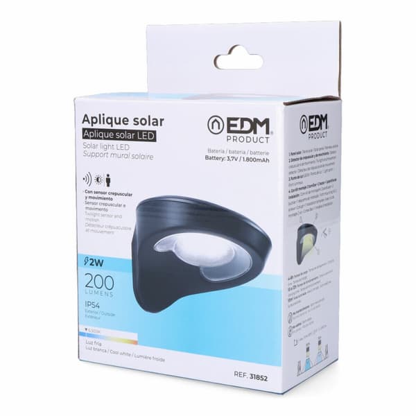 Vägglampa med LED EDM 31852 Svart 2 W 1,8 W 200 Lm 155 Lm Sol Rörelsesensor (6500 K)