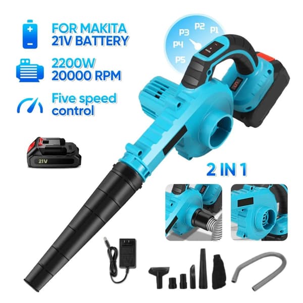 Langaton sähköpuhallin ja imuri, 21V, 5-nopeuden säätö, 2200W teho,1XBatteria