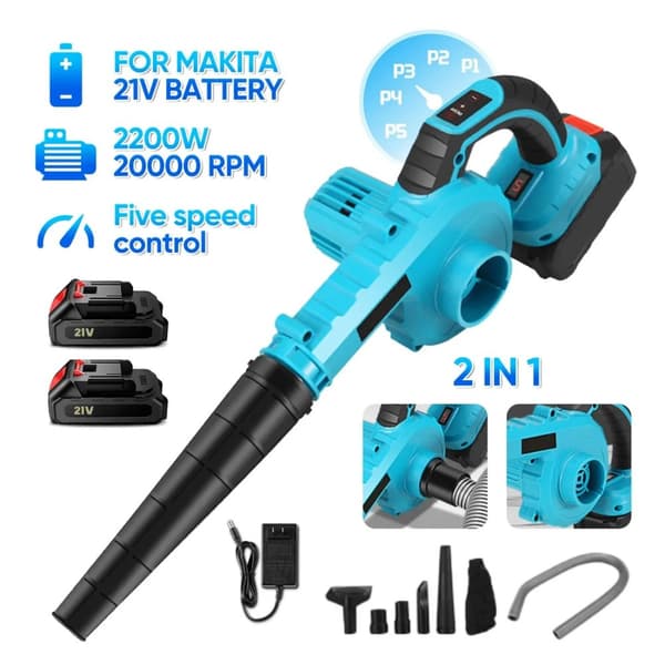 Langaton sähköpuhallin ja imuri, 21V, 5-nopeuden säätö, 2200W teho,1XBatteria