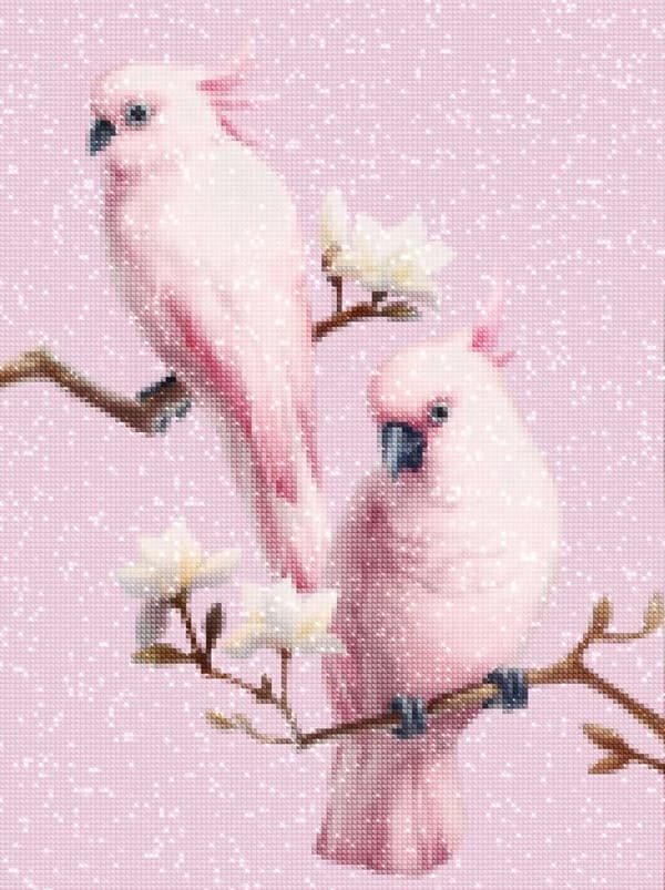 Diamantbroderi med lyserøde papegøjer 45x55 K