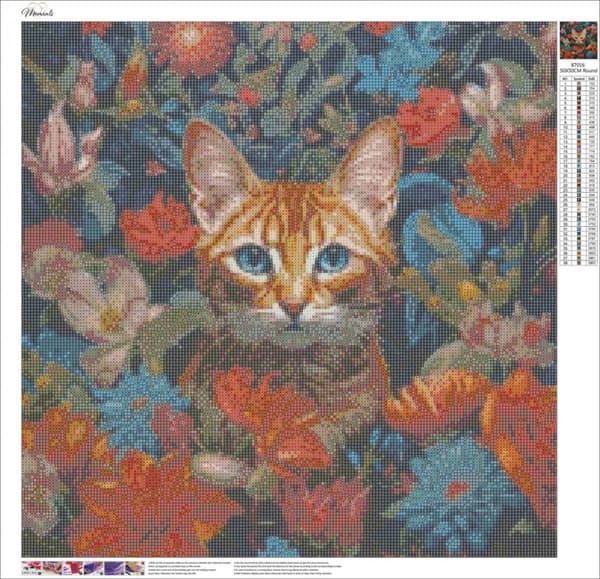 Diamantbroderi Katt i blommor 55x55 cm