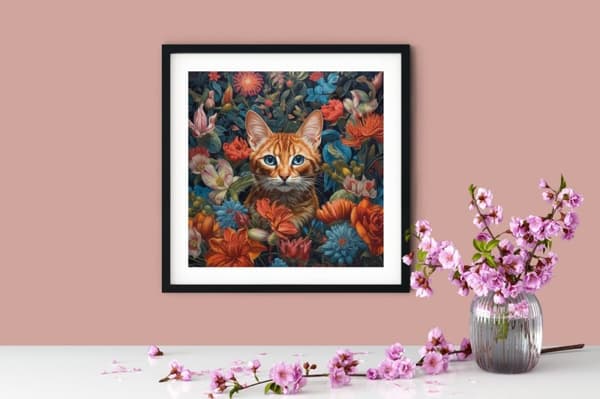 Diamantbroderi Katt i blommor 55x55 cm