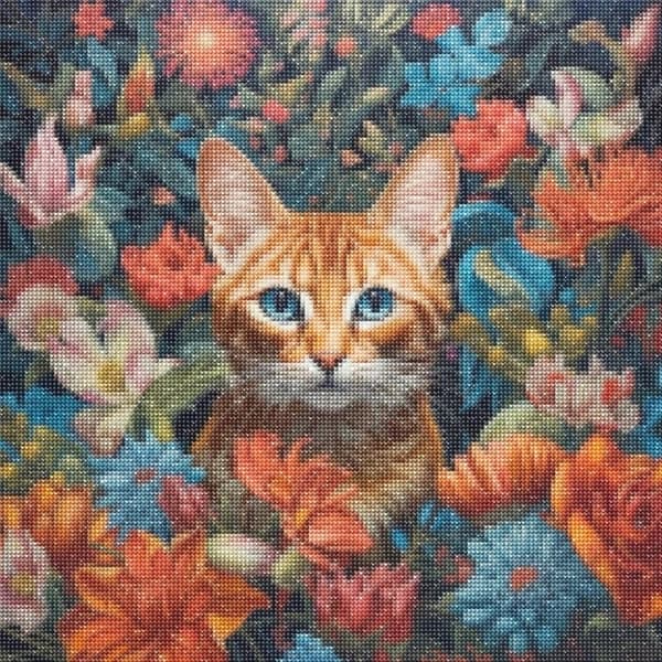 Diamantbroderi Katt i blommor 55x55 cm
