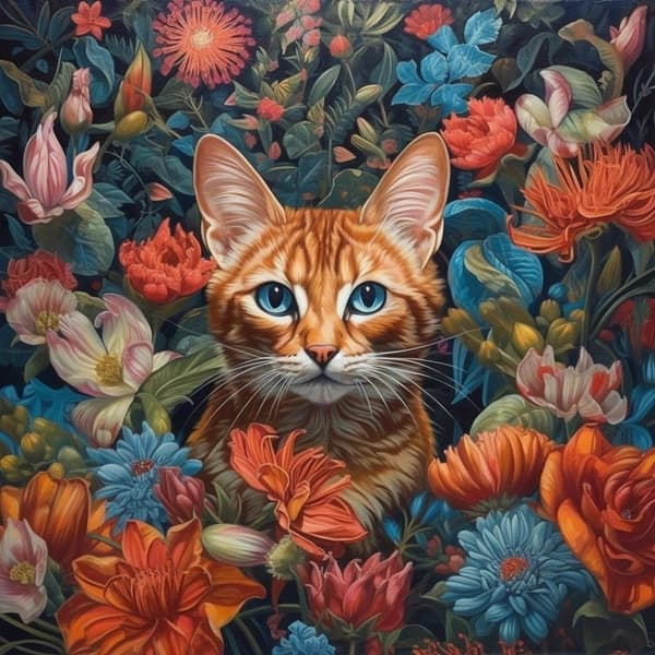 Diamantbroderi Katt i blommor 55x55 cm