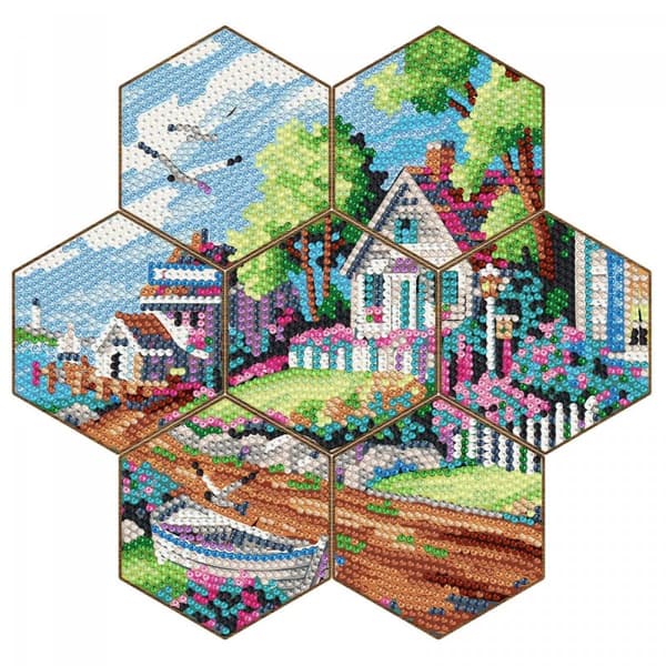 Diamantbroderi - Bordskåner - Honeycomb - Hus ved bugten