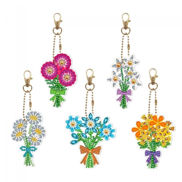 Diamantbroderihänge Nyckelring Nyckelring 5 st - Blommor