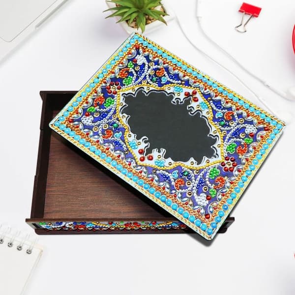 Diamantbroderi Dekorativ Æske Smykkeæske Spejl - Blå Ornament