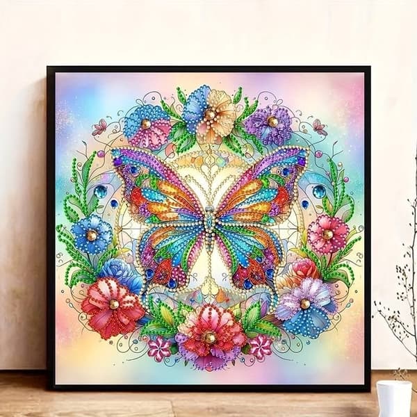 Diamantbroderi Sommerfugl blandt blomster 30x30 cm