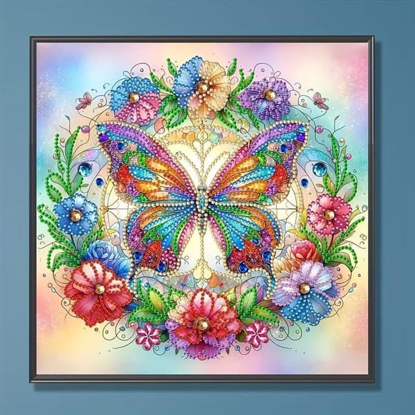 Diamantbroderi Sommerfugl blandt blomster 30x30 cm