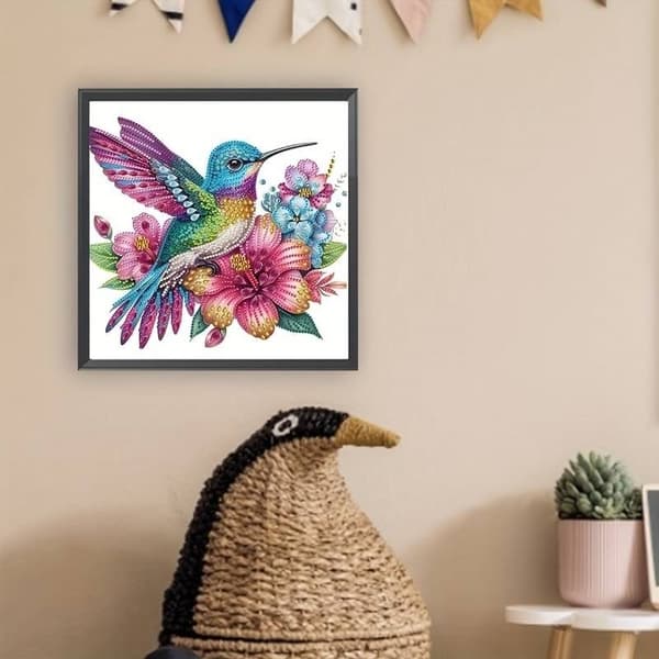 Diamantbroderi med kolibri i haven 30x30 cm
