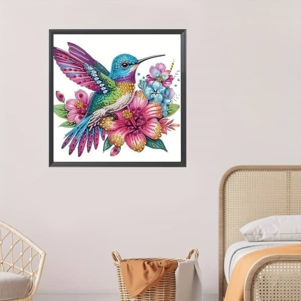 Diamantbroderi med kolibri i haven 30x30 cm