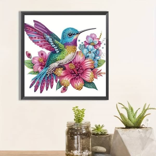 Diamantbroderi med kolibri i haven 30x30 cm