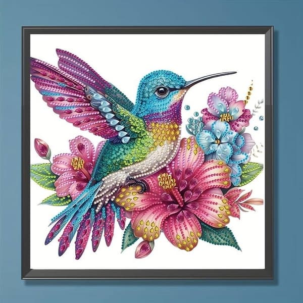 Diamantbroderi med kolibri i haven 30x30 cm