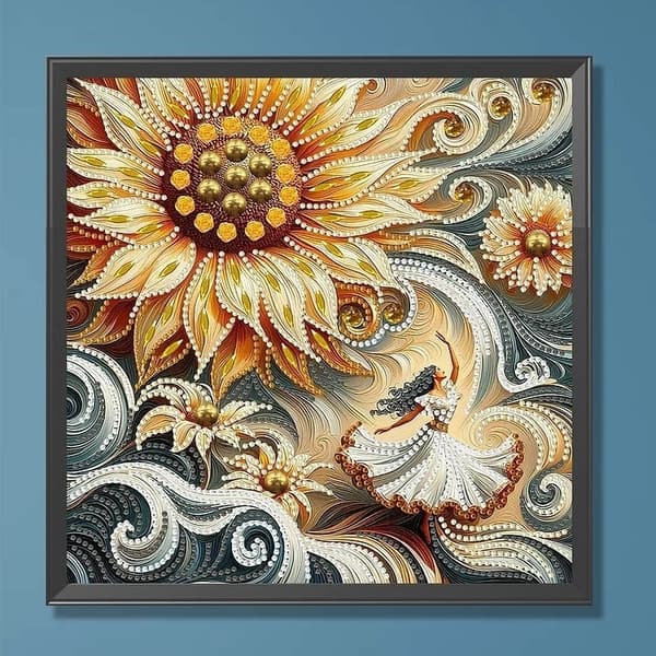 Diamantbroderi Kvinna i solrosglöd 30x30 cm